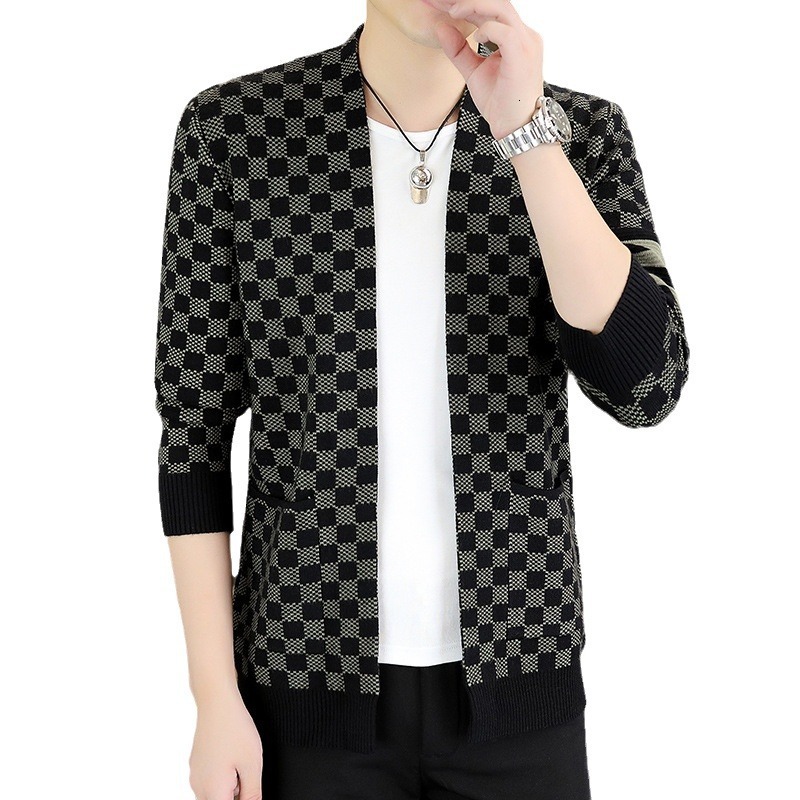 2026 Men's Fashion Sweater Men's Youth Men's Casual Knitted Cardigan Checkered Jacquard Coat Personalized Design Pattern Warm Sports Lu