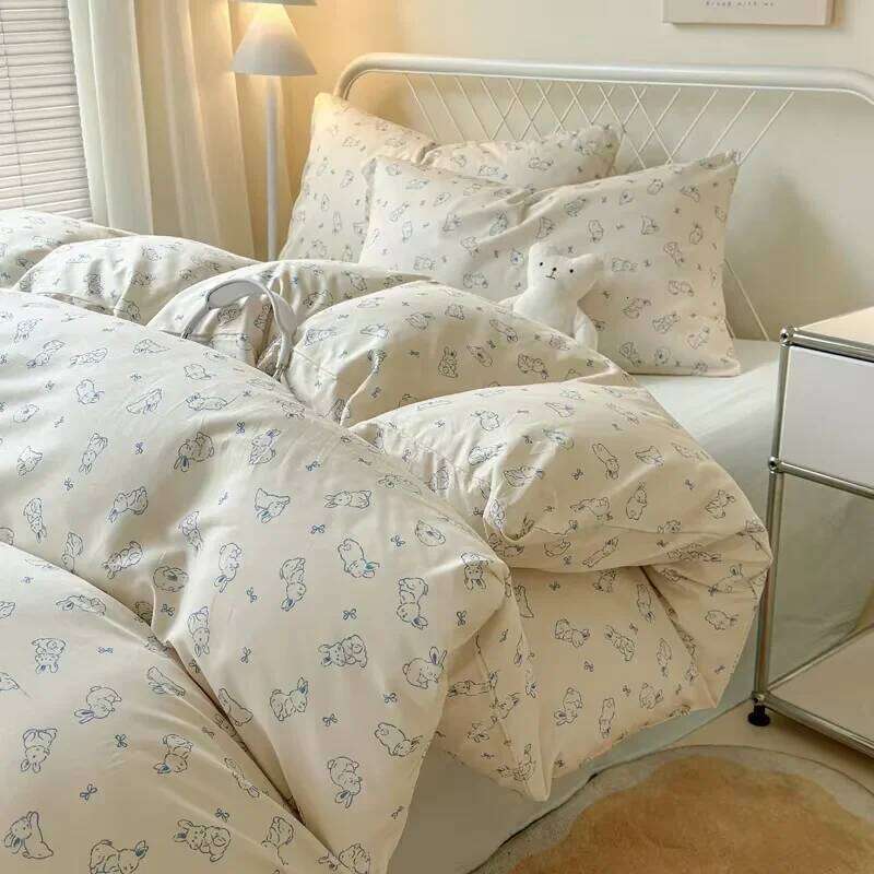 Queen Reactive Printed Sets Washed Polyester Soft Duvet Cover Sheet Pillowcase Cartoon Bedding Bed Set H260311