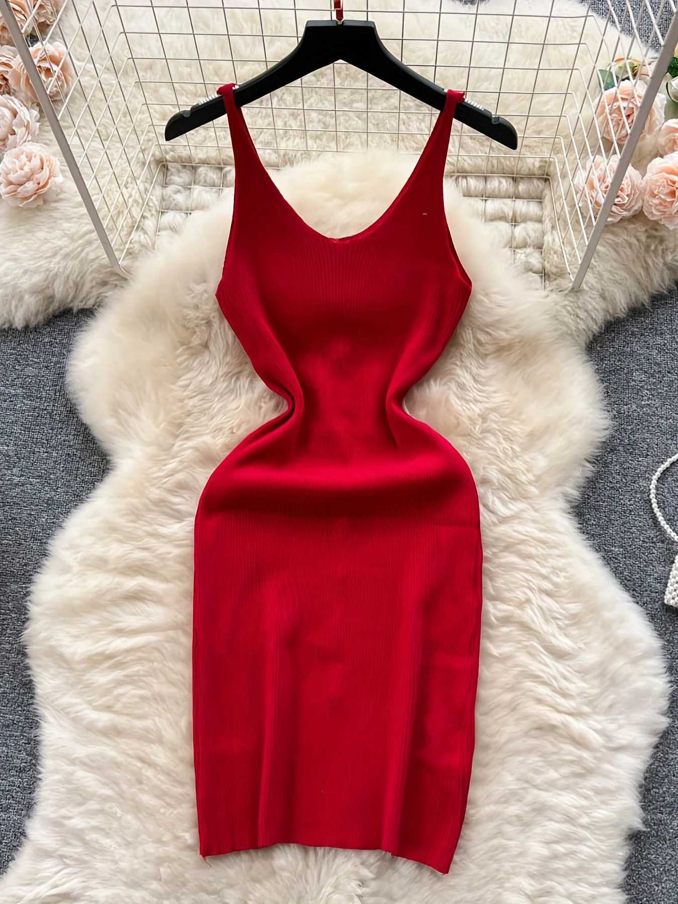 2024 Solid Button Front Spaghetti Dress Sexy Split Knit Cami Dress Bodycon Womens Clothing Outfits Split M260311