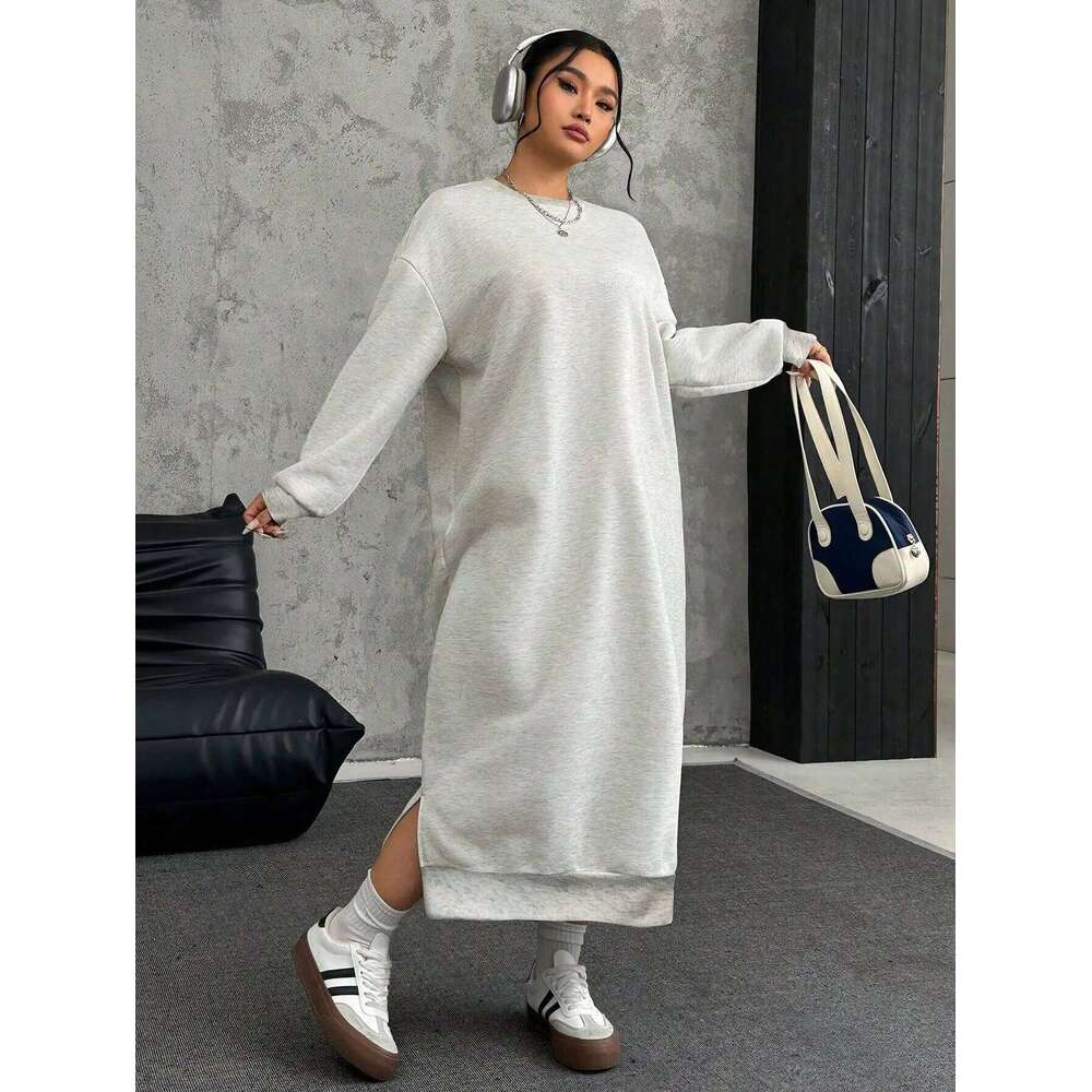 Plus Size Loose Casual Long Fleece Sweatshirt Dress, Autumn/Winter Sweater Dress Women Z260311