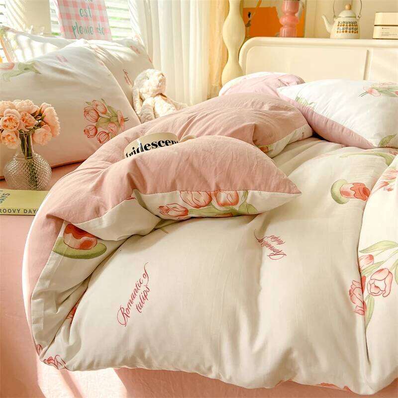 3pcs Pink Tulip Duvet Set, Girls Women Bedroom Plant Flower Decoration Queen Bedding, Letter Printing King Comforter Cover H260311