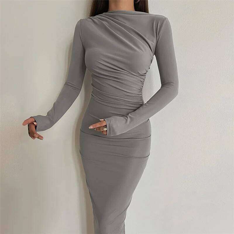 Cryptographic Autumn Elegant Ruched Long Bodycon Dress Fashion Outfits for Women Club Party Sexy Dresses Birthday Robes Z260311