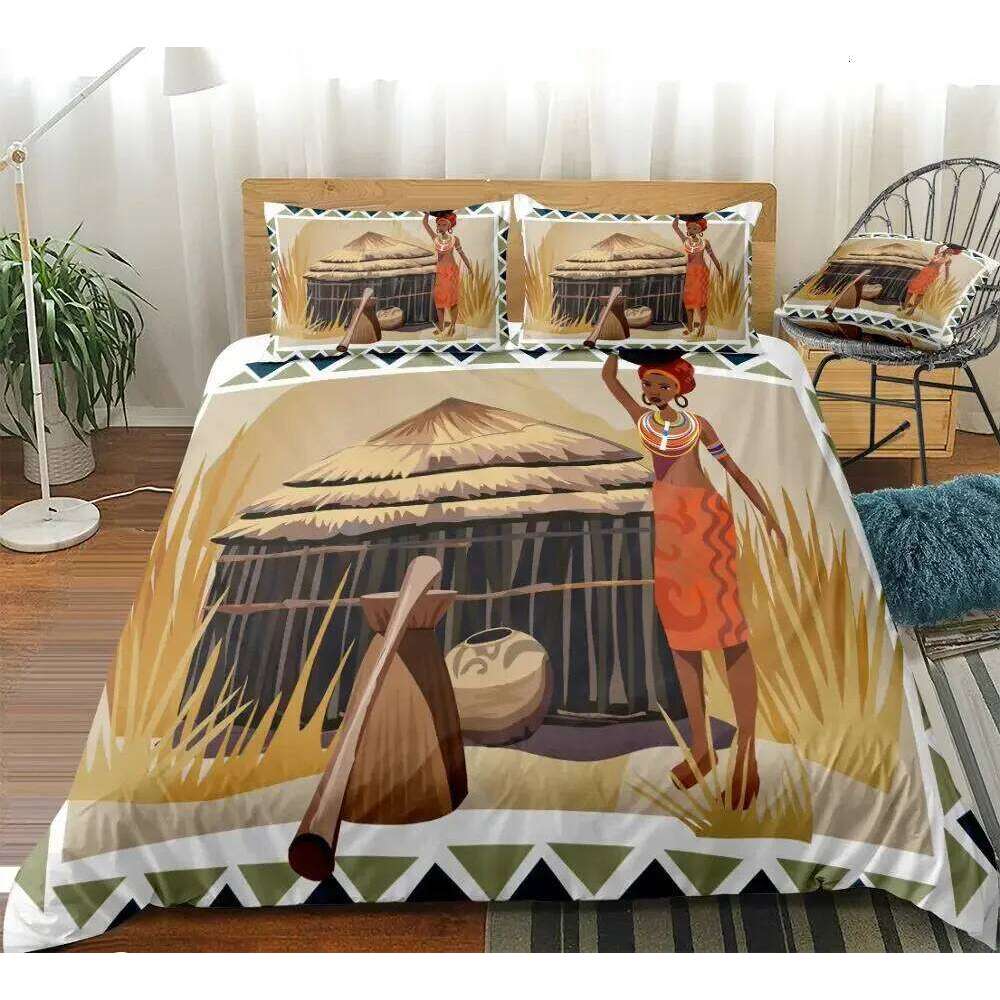 African Woman King Queen Duvet Retro Exotic Tribal Black Girl Pattern Bedding Set Africa Polyester Quilt Cover Pillowcase H260311