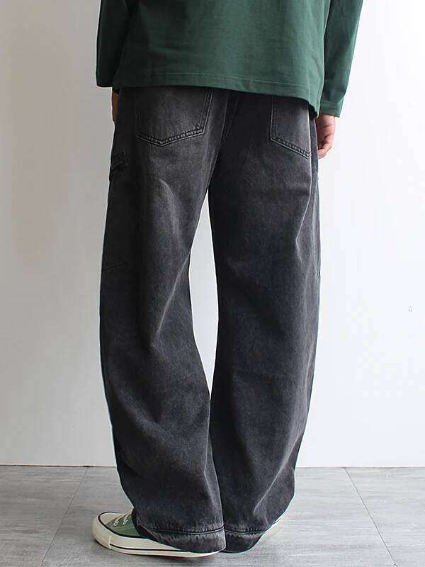 Autumn/Winter Black Washed Denim Trousers for Men - American Streetwear Style Curved Blade Wide-Leg Multi-Pocket Urban Jeans Z260225