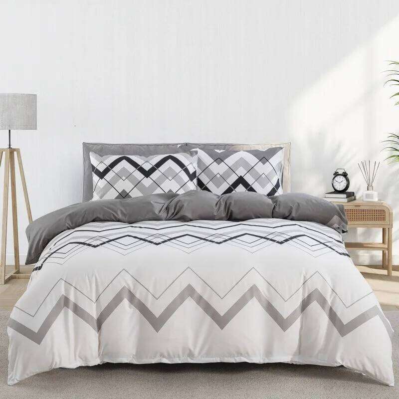 Wave Striped Duvet Cover Gray White Classic Bedding Three Piece Set H260311 - view 6