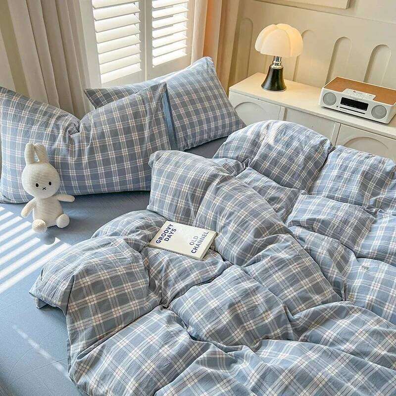 2025 New Simple Japanese style gray grid bed sheet duvet cover 4-piece student apartment four season 3-piece set H260311