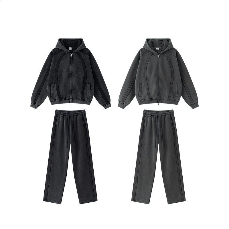 BE Mens Clothing 2025 Autumn American Style Trendy Brand Fleece Snowflake Zipper Sweatshirt Straight-Leg Pants Set for Men 250227