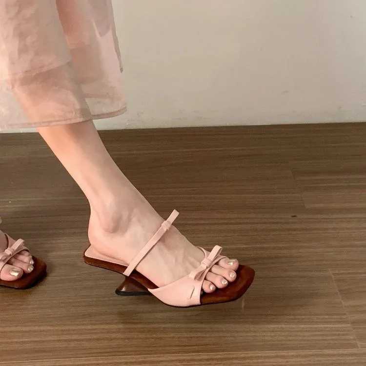 Butterfly bow wedge sandals for womens summer 2025 new style French square toe open toe straight strap high heels K260311