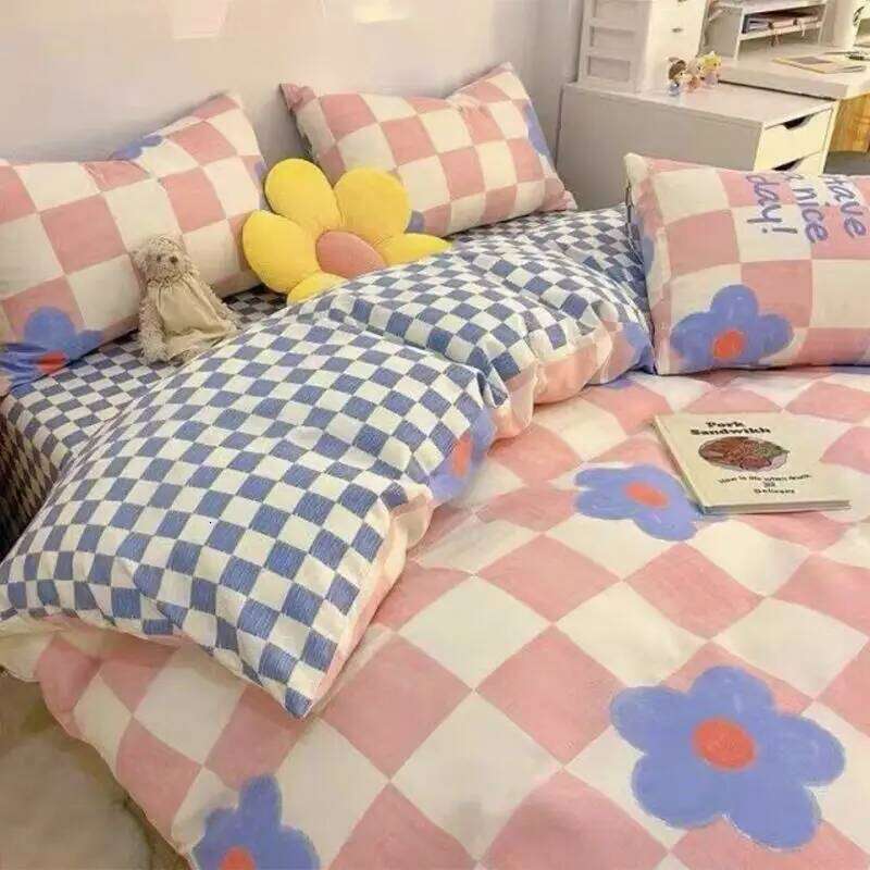 Kawaii Bedding Set Kids Adult Flat Sheet Duvet Cover Pillowcase Single Double Full Size Bed Linen Floral Cherry Home Textile H260311