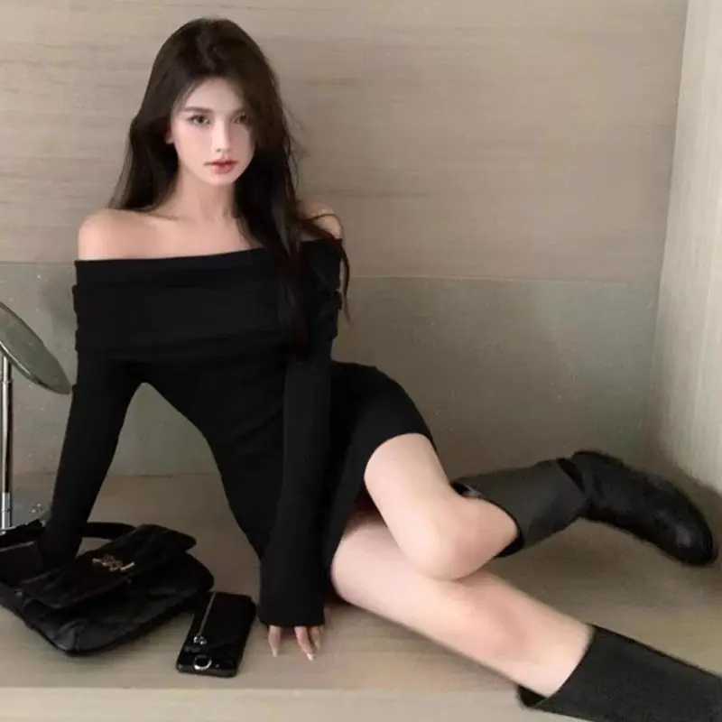 Black Off Shoulder Mini Dresses Elegant Long Sleeve Fashion Slim Sexy Women Autumn Winter Clothing Skinny Sweater Dress Bodycon M260311