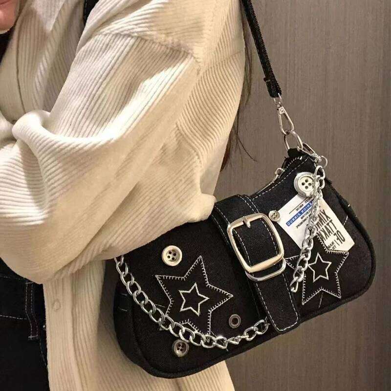 Trendy Star-Patterned Underarm Bag, Fashion Crescent Canvas Handbags with Chain Strap, Denim Handbag Shoulder Bag XJ260311