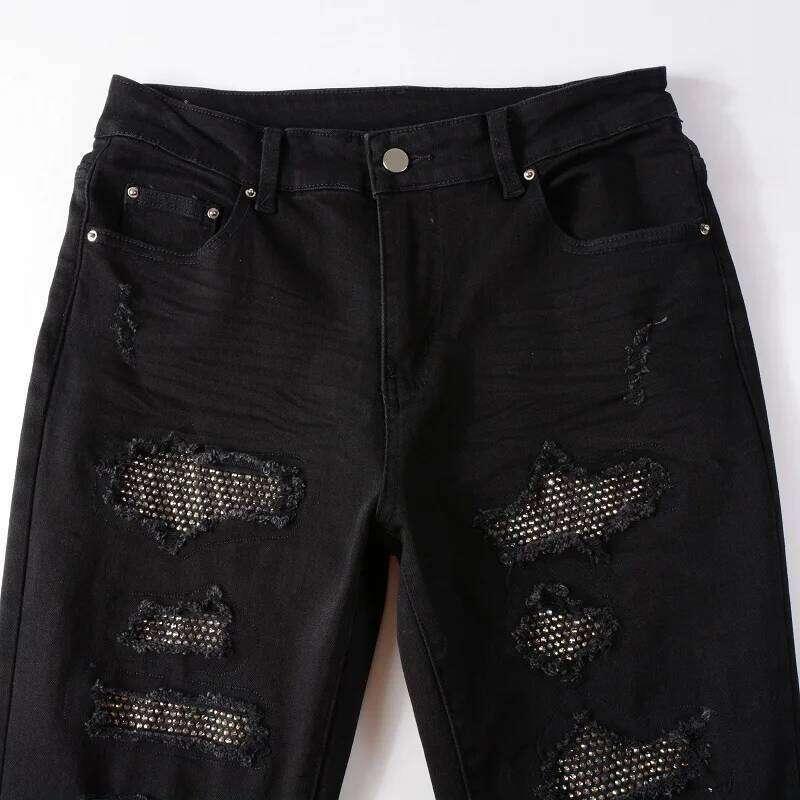 Men Crystal Stretch Denim Jeans Holes Ripped Black Cotton Pants Streetwear Skinny Tapered Trousers Z260225