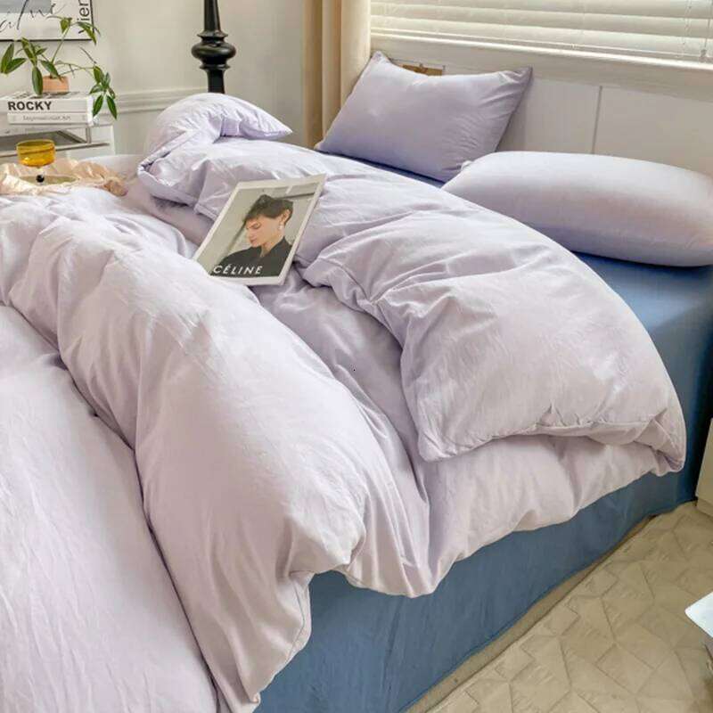 2025 new class A pure four-piece set small fresh solid color super soft washed cotton mattress bed sheet quilt cover H260311 - view 4