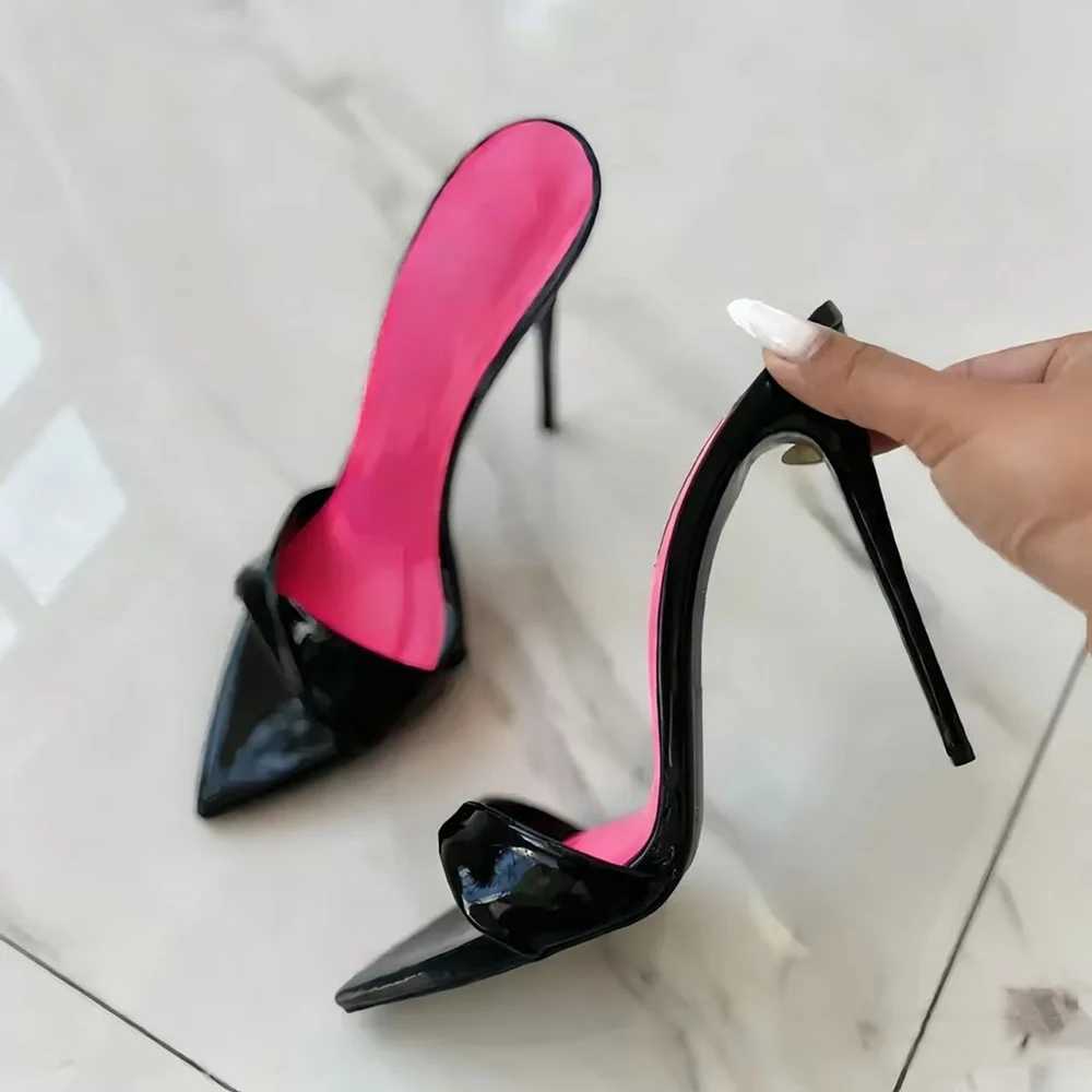 New Arrival Womens Nude Patent Leather Pointed Toe Stiletto Mules Elegant High Heel Slides for Party Catwalk Shoes K260311