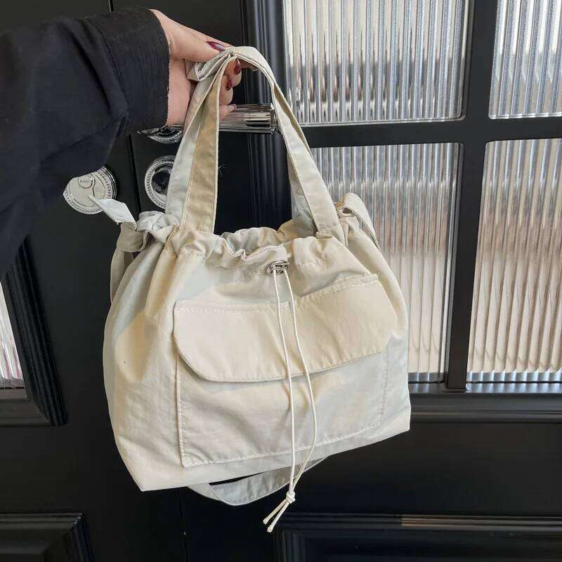 Casual Drawstring Bucket Shoulder Bags for Women Portable Nylon Ladies Handbags Tote Simple Solid Color Female Messenger Bag XJ260311