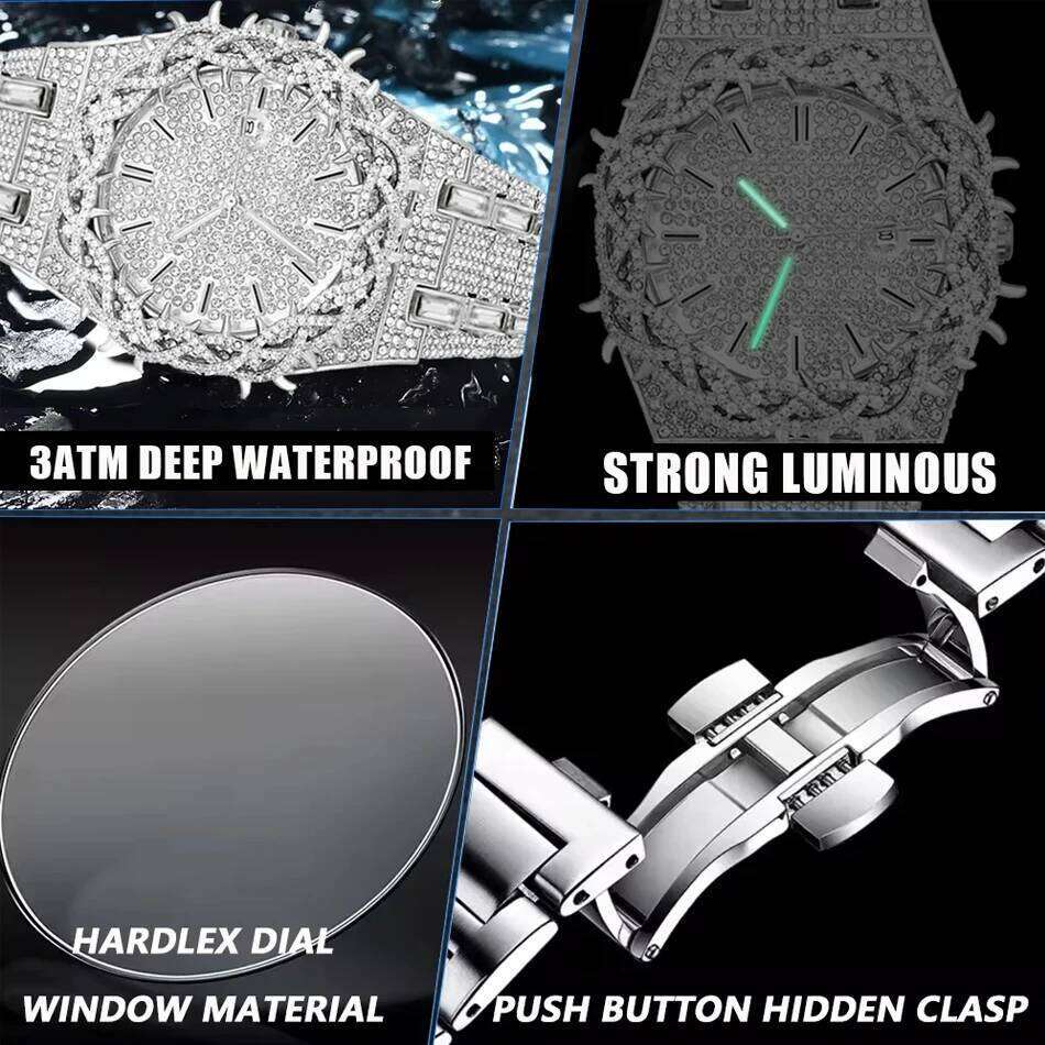 PINTIME Hot Fashion Full Diamond Watches Men Brand Hip Hop lced Qut Bling Jewelry Flower Quartz Wristwatch For Man Dropshipping