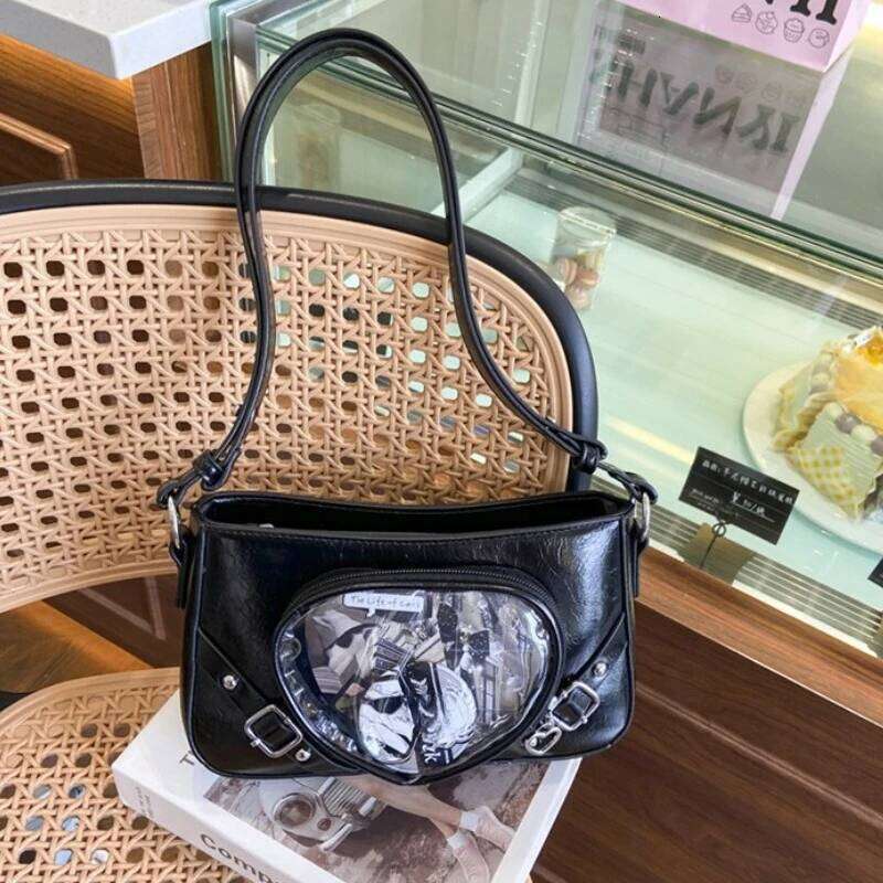 Japanese Style Love Transparent Girls Ita Shoulder Bags JK PU Leather Women Small Handbag Belt Badge Display Female Underarm Bag XJ260311