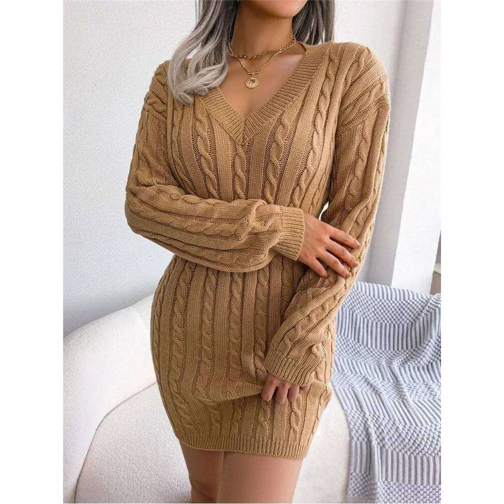 New Fashion Autumn Winter Bodycon Pencil Women Slim Fit Cable Knit Long Sleeve Sweater Sexy V Neck Club Party Dress Z260311