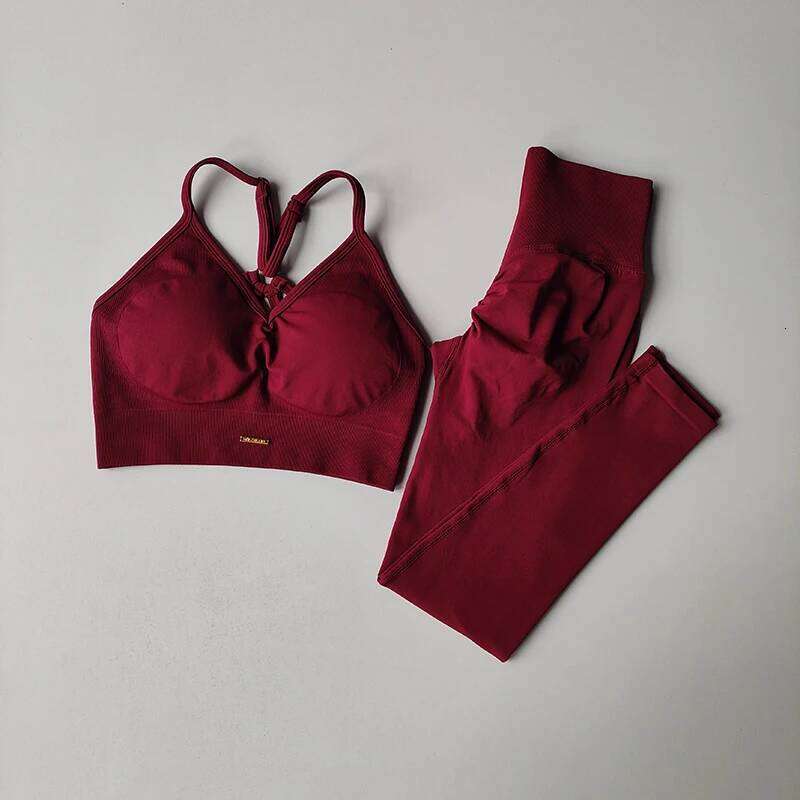 Seamless Hip Lifting Fitness Women's V-neck Bra Leggings Yoga Set Quick Drying Exercise Iron Massage High Fat Tight Pants 26H0311