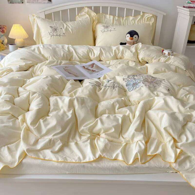 2025 new lace embroidery small fresh and cute girl heart four-piece set washed cotton summer sheet quilt cover bed hat H260311 - view 4