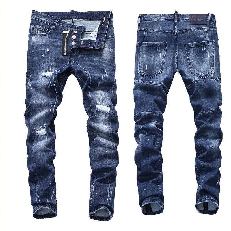 European Fashion Brand Italy Design Cool Top Slim Denim Trousers Blue Hole Pants Jeans for Men Z260225