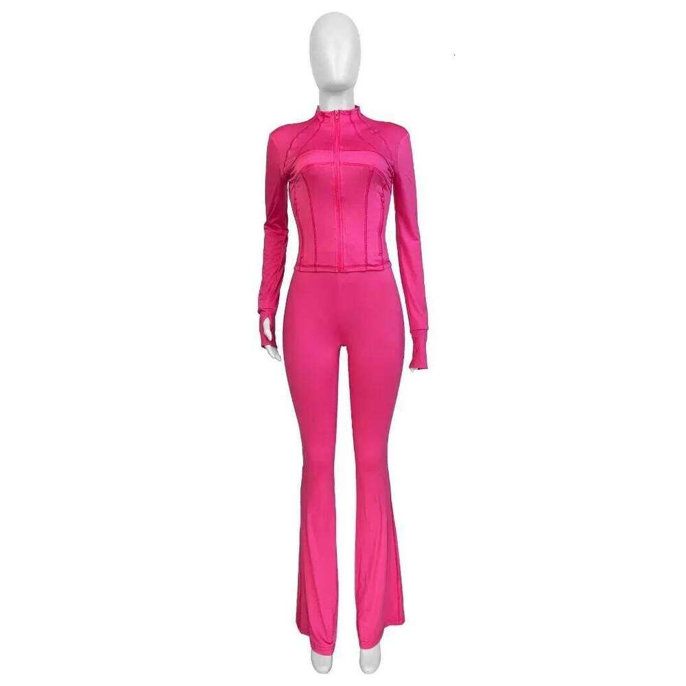 Women Solid Fitness 2 Piece Set Tracksuits Zipper Long Sleeve s Top + High Waist Flare Pants Slim Casual Suits Streetwear 26H0311