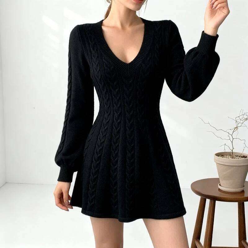 Women's Slim Fit Fashion V-neck Waist Cinched A-line Skirt Long Sleeved Pit Stripe Dress French Chic Knitted Dresses Z260311