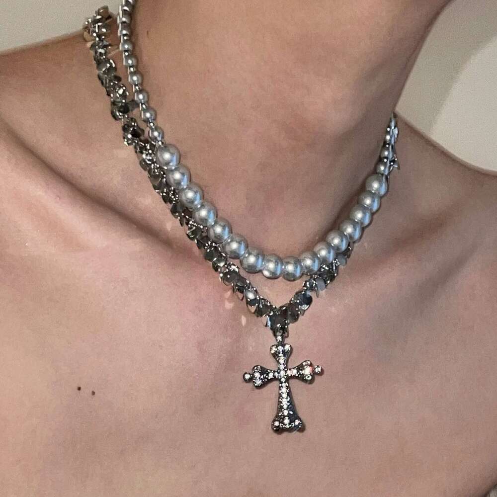 Free Shipping Cross Necklace for Women Men Jewelry Titanium Steel Double Layer Stacked Choker Grey Pearl Sequin Beaded Pendant Necklace Personality Ve