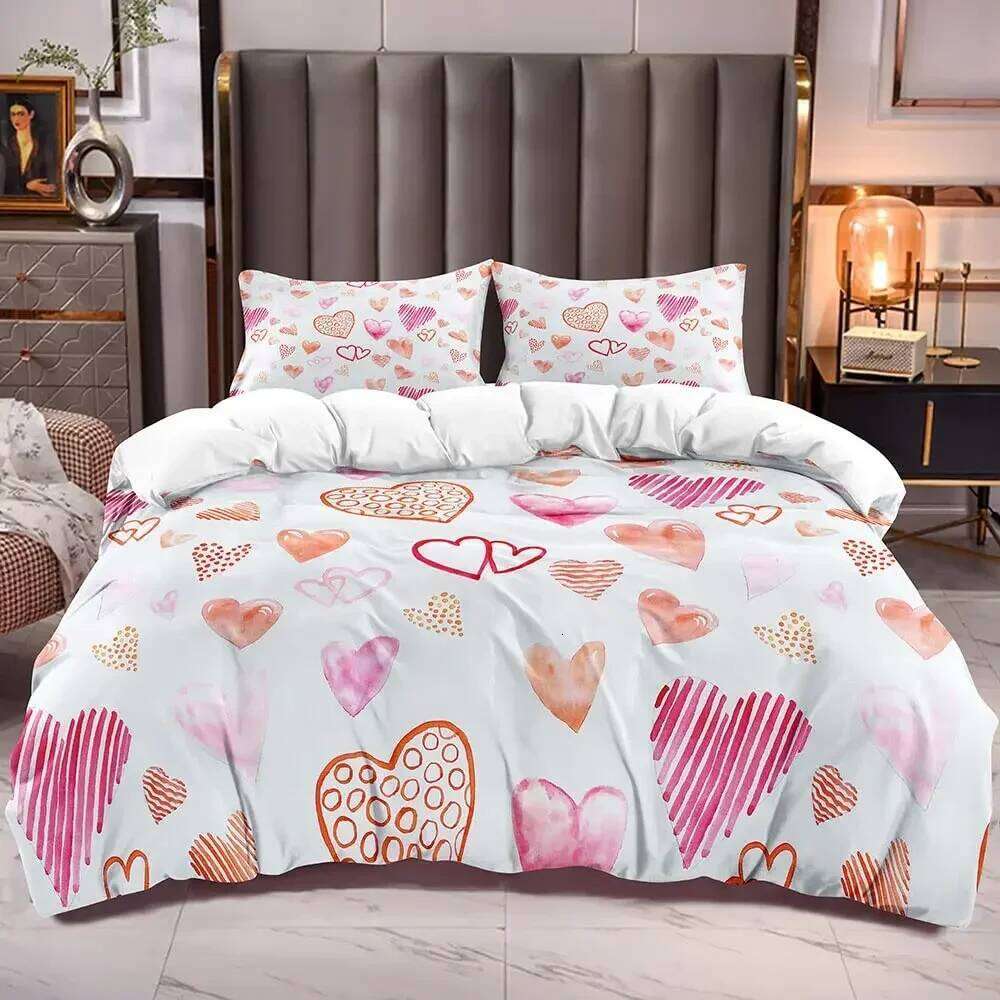 Love Heart Bedding Set Simple Plaid Duvet 200x200 Pillowcase Single Double Queen King Nordic Couple Bed Cover Bedclothes H260311