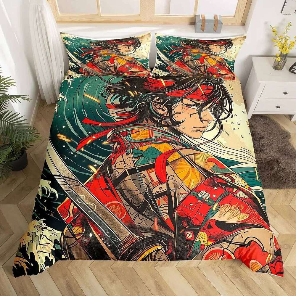 Japanese Samurai Bedding Set Full Size Cherry Blossoms Comforter Red Sun Hokusai Duvet Fuji Mountain Quilt Cover H260311