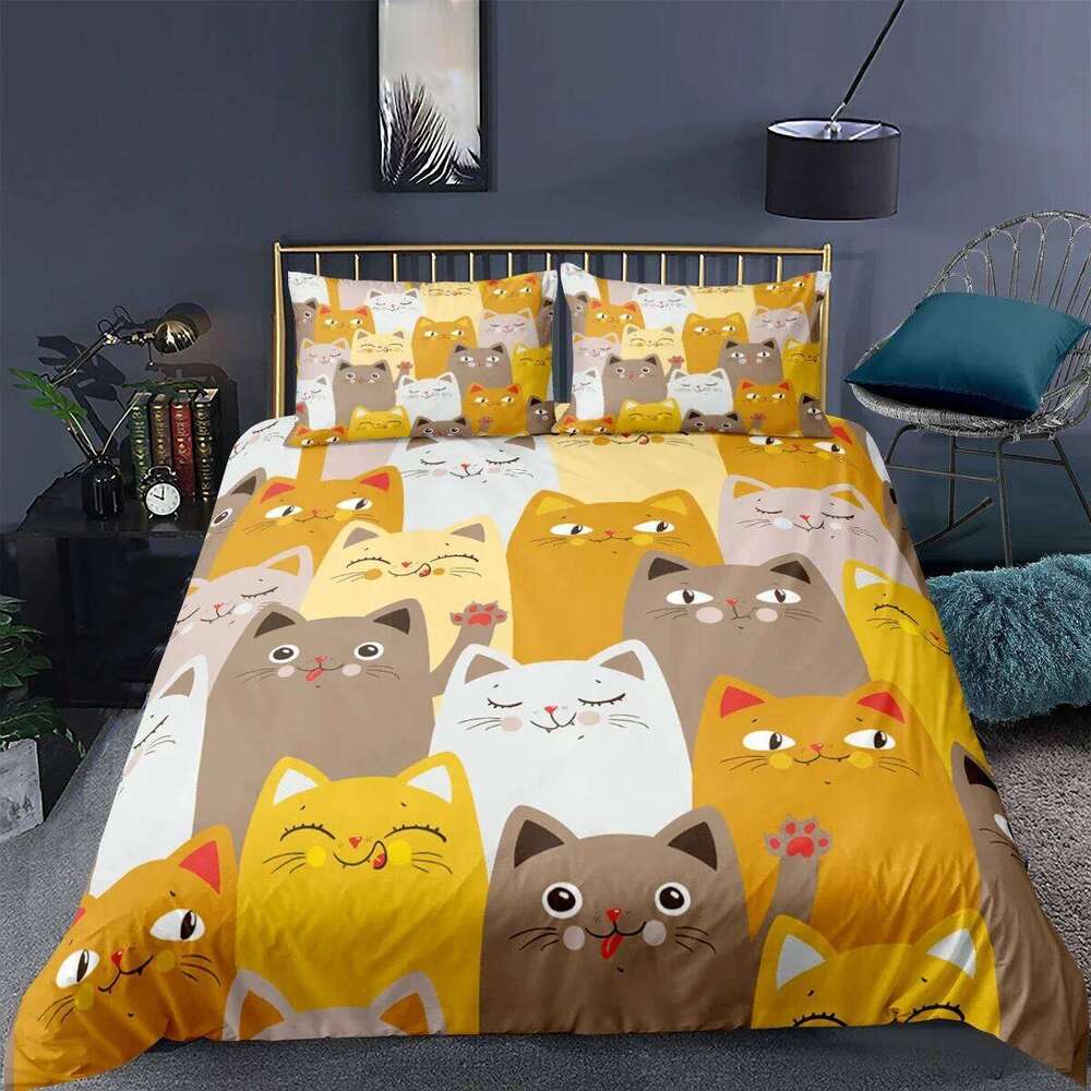 Cat Duvet Cartoon Animal Print Bedding Set With Pillowcase 2/3pcs Comforter Cover For Bedroom Decor H260311