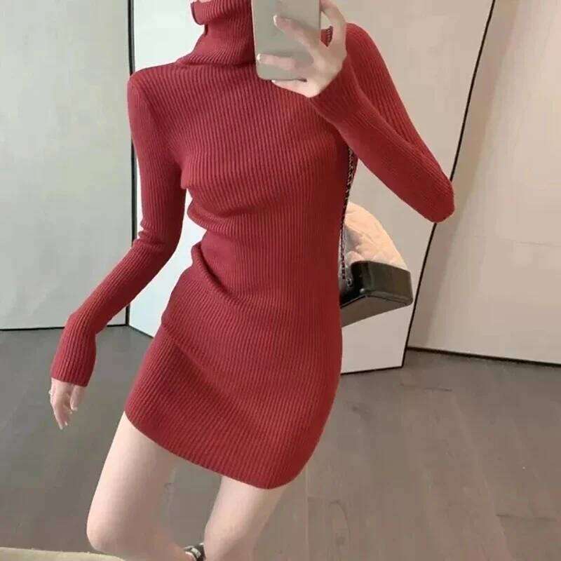 Women Sexy Turtleneck Bodycon Soft Long Sleeve Knit Solid Office Pullover Elegant Fashion New Dress Z260311
