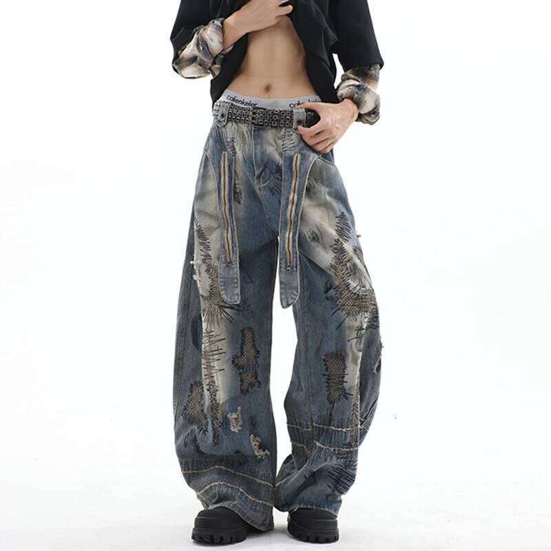 LUZHEN Personalized Original Wornout Patched Printed Loose Wide Leg Jeans Men's 2025 New High Quality Street Denim Pants JY4020 Z260225