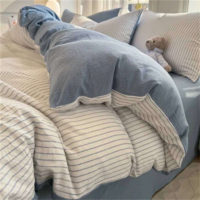 Ins Stripes 100% Washed Cotton Bedding with Pillowcase Bed Sheet Quilt Single Double King Queen Size Duvet Cover Set H260311