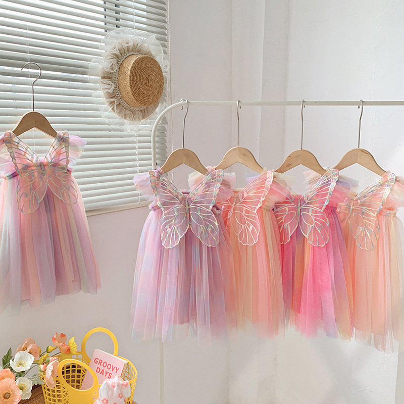 Girl Butterfly Wing Tulle Dress, Toddler Rainbow Princess Tutu for Birthday Party