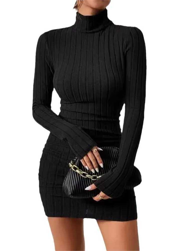 New Solid Dresses Autumn Winter Women Long Sleeves Turtleneck Sexy Bodycon Sheath Mini Dress Club Elegant Party Knitted Dresses a04 M260311