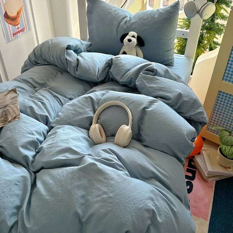 2025 new solid color simple washed cotton bed sheet four-piece machine washable student dormitory three-piece set H260311