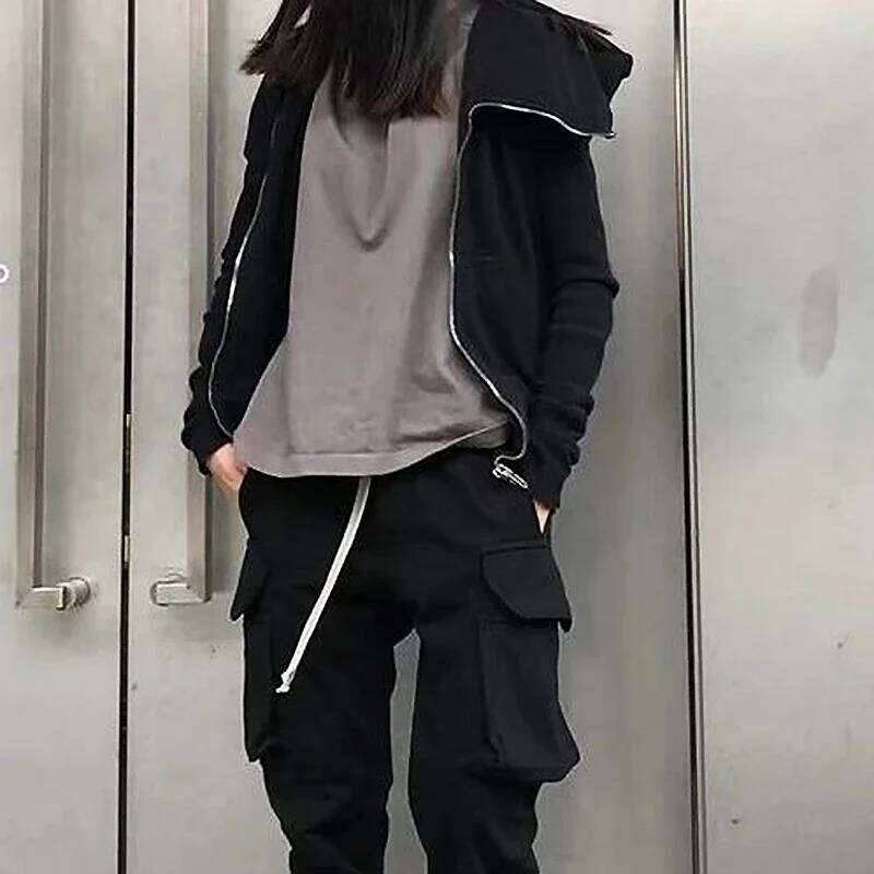 Autumn Zipper Design Black Hoodies Men's Women's Sportswear Jacket American Rock Hip Hop Street Wear Elastic Knitted Coats 26H0311