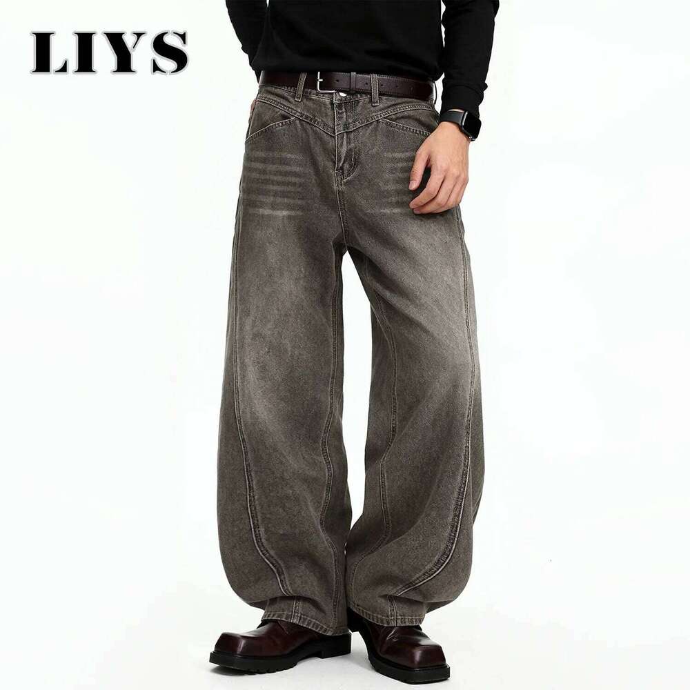 American Retro Grey Men's Baggy Wide Leg Jeans High Street Spliced Deconstruction Design Daily Casual Denim Pants Unisex Clothes Z260225