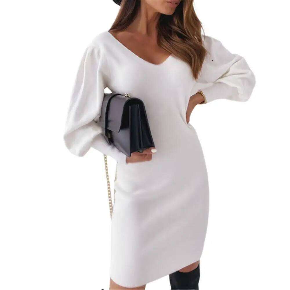 Women White And Autumn Costume Party Dress Ladies Warm Black Open Back Lace Lantern Sleeve V Neck Sweater Spring Z260311