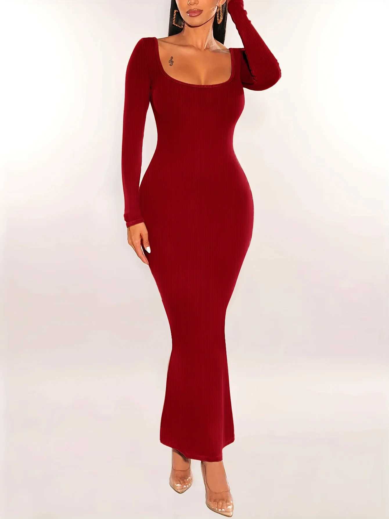 Women Ribbed Knit Long Sleeve Maxi Dress Slim Fit Solid Color Bodycon Pencil Long Dress Casual Fall Spring Clothes M260311