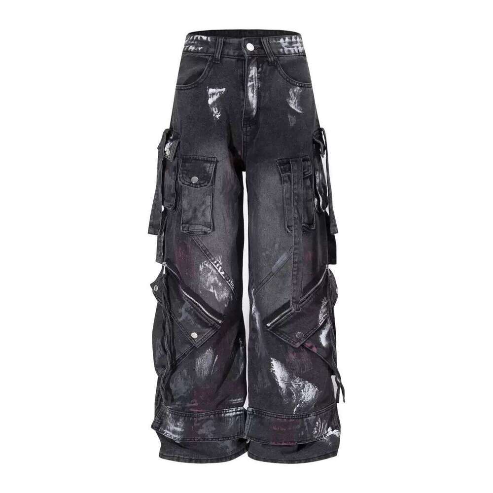 Gothic Multi-Pocket Washed Black Jeans 2000s Heavy Industry Drag Street Hip Hop Wide Leg Pants Z260225