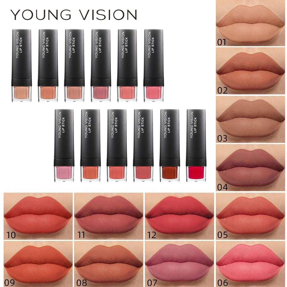 YOUNG VISION 12-Color Velvet Long-Lasting Nude Waterproof Matte Non-Transfer Lipstick Women's Cosmetics Makeup W260311