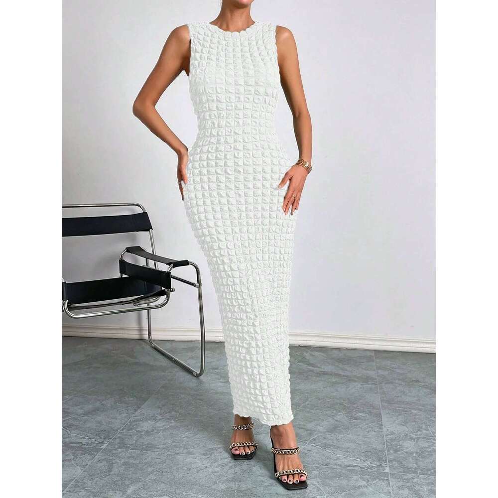 Waffle round neck sleeveless high-elastic solid color dress Z260311