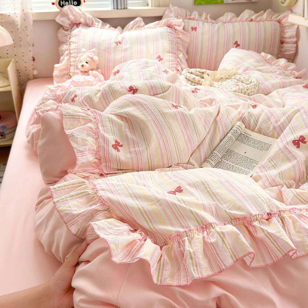 3pcs pink seersucker Duvet 1*Duvet Cover + 2*Pillowcase, Without Core,pink bow Bedding Set H260311