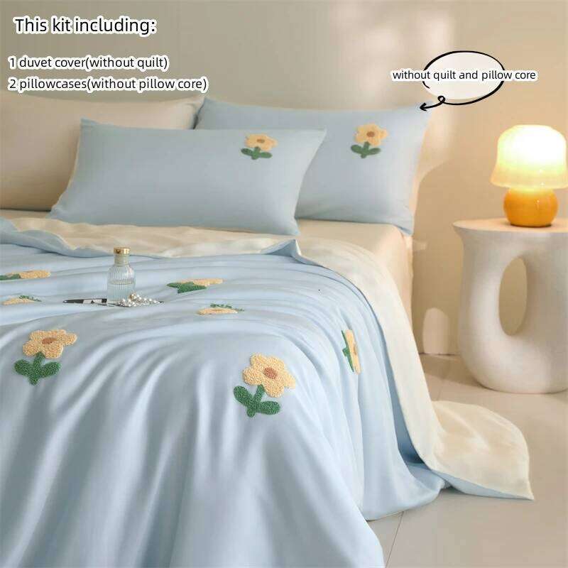 3pcs Blue Duvet Set 1*Duvet Cover + 2*Pillowcase, Without Core,Sun flowers embroidery Bedding Set, Soft Comfortable H260311