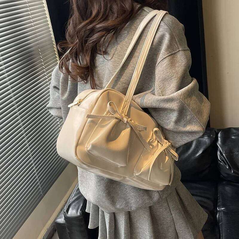 Sweet Bow Pleated Design Women Shoulder Bags Double-pocket Large Capacity Ladies Underarm Bag Solid Color Female Handbags Tote XJ260311