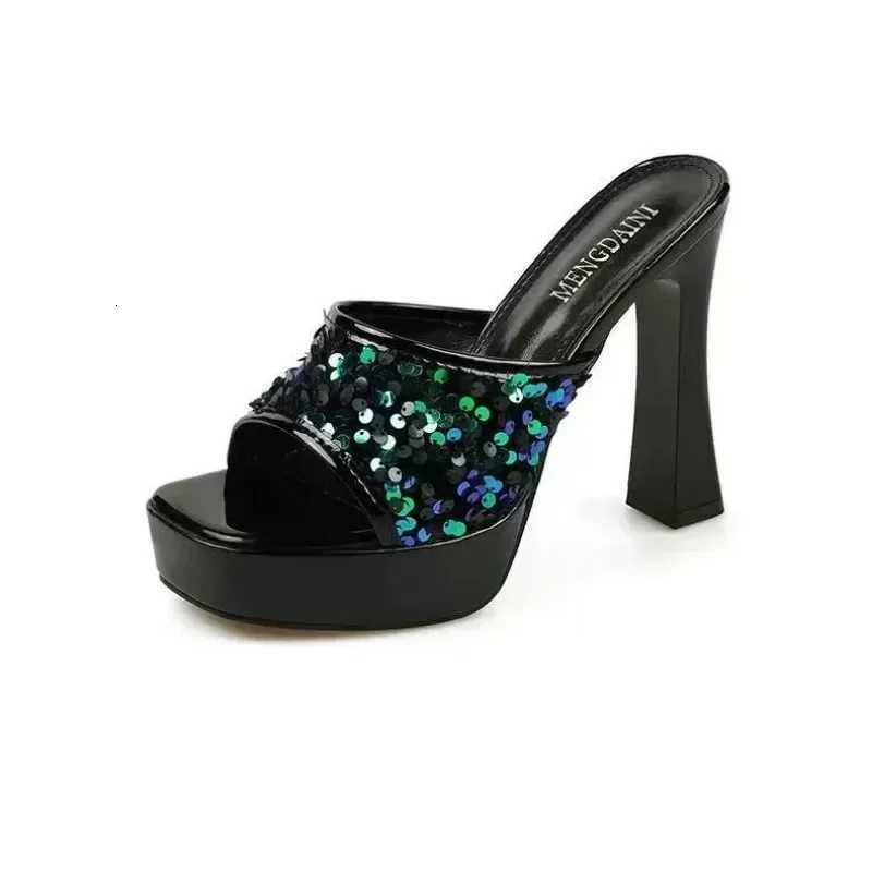Black Thick Sole Slippers Women 11cm Thin High Heels Bling Sequined Transparent Crystal Platform Sandals 2024 Summer Woman Shoes K260311