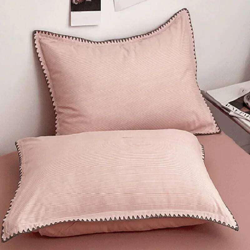 Ins Style Double Striped Bed 3-4 Pces Solid Washed Cotton Bedding with Sheets Pillowcases Skin Friendly Breathable Duvet Cover H260311