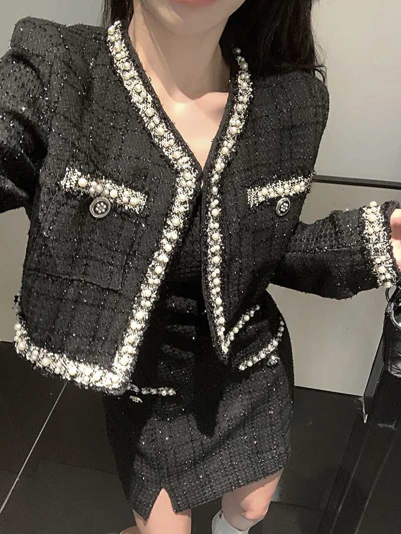 Autumn Small Fragrance Women 2 Piece Set Beaded Tweed Short Jacket Coat Bodycon Mini Dress Elegant Fashion Party Dress SuitT260311 - view 3